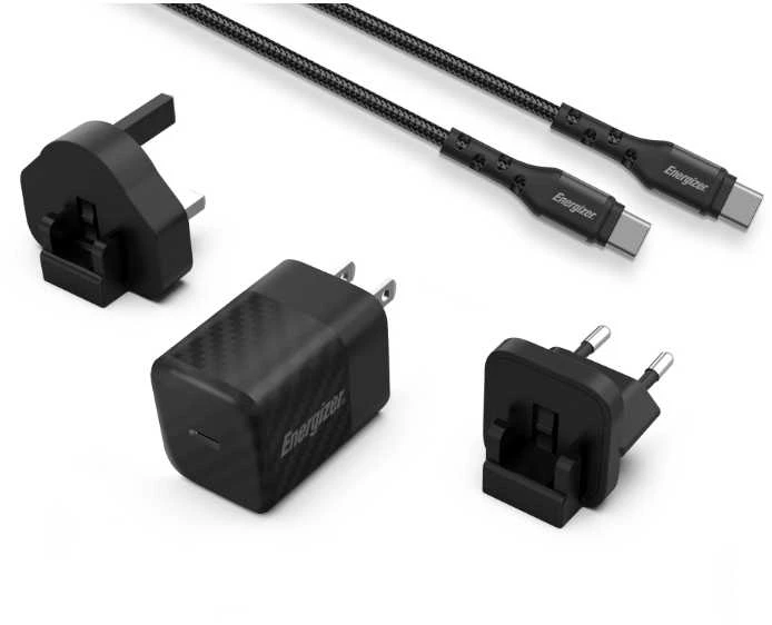 Energizer Ultimate - Įkroviklis jungiama į tinklą podróżna Multiplug EU / UK / US GaN USB-C 20W PD + kabelis USB-C (Juodas)