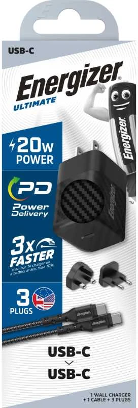 Energizer Ultimate - Įkroviklis jungiama į tinklą podróżna Multiplug EU / UK / US GaN USB-C 20W PD + kabelis USB-C (Juodas)