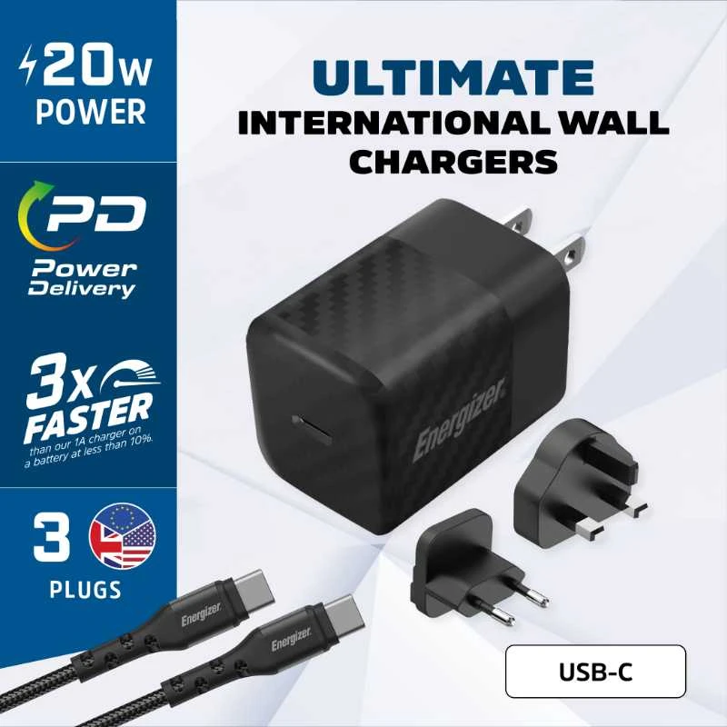 Energizer Ultimate - Įkroviklis jungiama į tinklą podróżna Multiplug EU / UK / US GaN USB-C 20W PD + kabelis USB-C (Juodas)