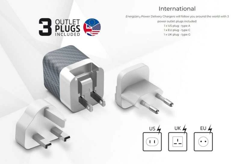 Energizer Ultimate - Multiplug EU / UK / US mains įkroviklis GaN 38W PD + QC3.0 sidabro spalvos