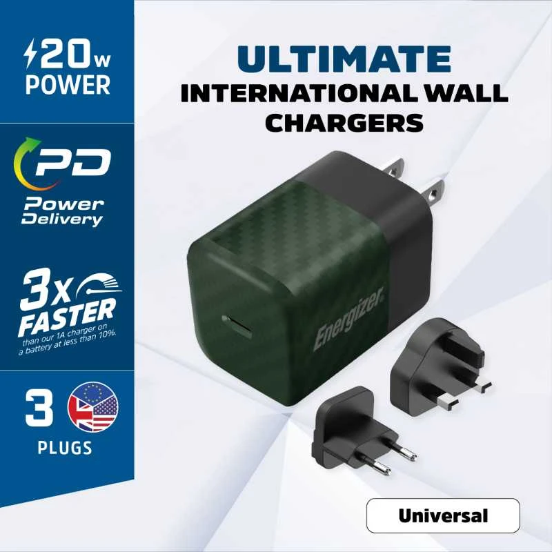 Energizer Ultimate - Multiplug EU / UK / US GaN 20W PD mains įkroviklis žalios spalvos