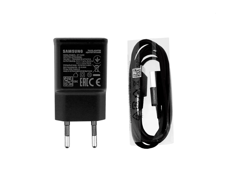 Galaxy EP-TA200EBE + EP-DG970BBE Samsung 15W kelioninis įkroviklis + USB-C duomenų kabelis, juodas (OOB Bulk)