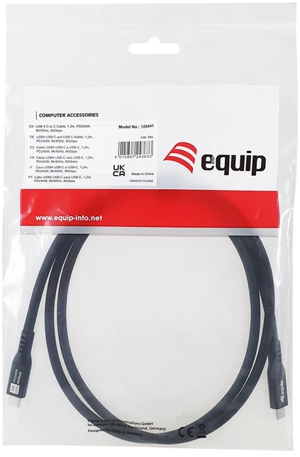 Equip 128441 USB kabelis USB4 Gen 4×2 1,2 m USB C 80 Gbit/s 240 W Juoda