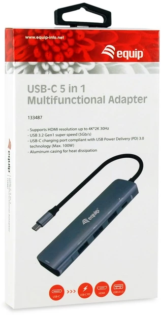 Equip 133487 sąsajos šakotuvas USB 3.2 Gen 1 (3.1 Gen 1) Type-C 5000 Mbit/ai Juoda, Pilka