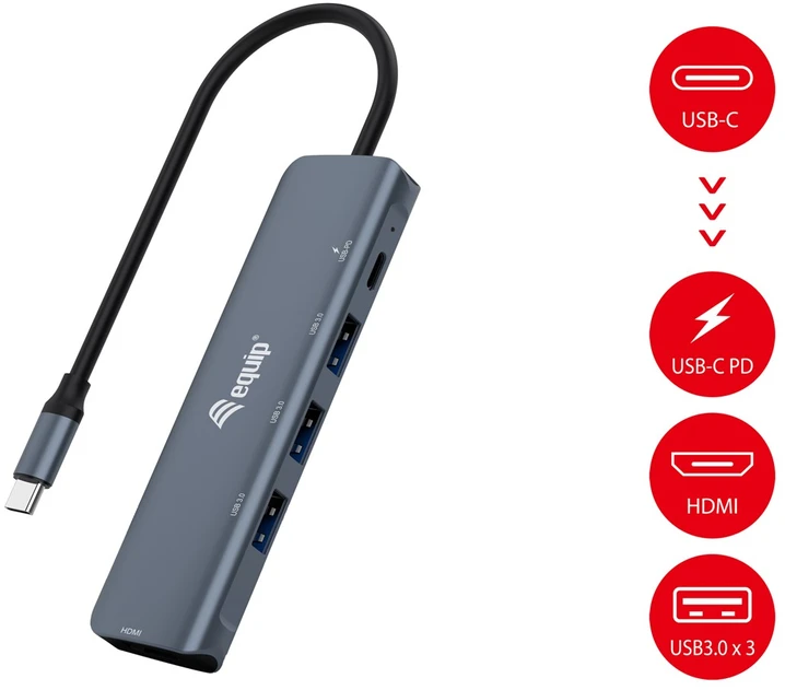 Equip 133487 sąsajos šakotuvas USB 3.2 Gen 1 (3.1 Gen 1) Type-C 5000 Mbit/ai Juoda, Pilka