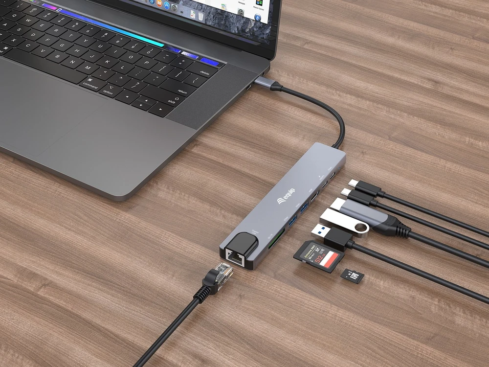 Equip 133497 knyginių kompiuterių dokas / jungčių replikatorius Vielinis C tipo USB Juoda, Pilka