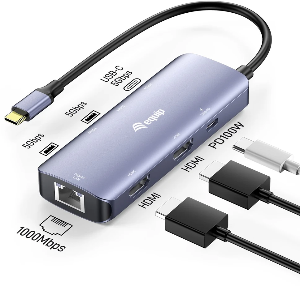 Equip 133501 knyginių kompiuterių dokas / jungčių replikatorius Vielinis USB 3.2 Gen 1 (3.1 Gen 1) Type-C Pilka