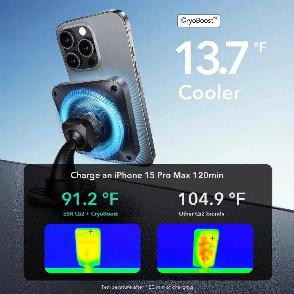ESR Halolock CryoBoost MagSafe indukcinis įkroviklio laikiklis prietaisų skydeliui ir oro išleidimo angai su Qi 2 15W – juodos spalvos