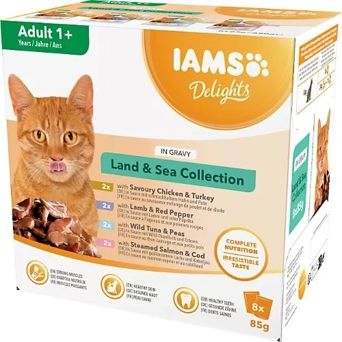 Eukanuba IAMS DELIGHTS Land & Sea Collection in Gravy box – šlapias pašaras katei – 8x85g