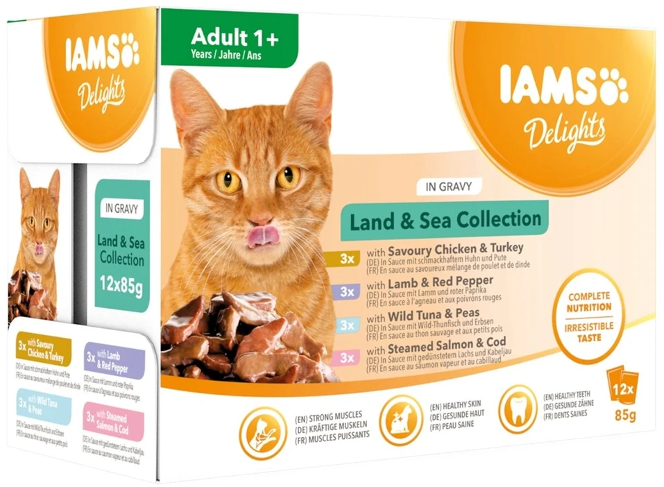 IAMS Delights LND&SEA konservuotas pašaras katėms padaže, 12x85 g