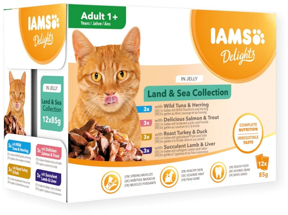 Eukanuba IAMS Delights LND&SEAkonservuotas pašaras katėms drebučiuose, 12x85 g