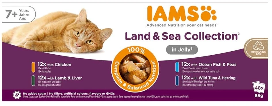 Eukanuba IAMS Senior Meat & žuvis Mix in Jelly box – šlapias pašaras katei – 48x85g