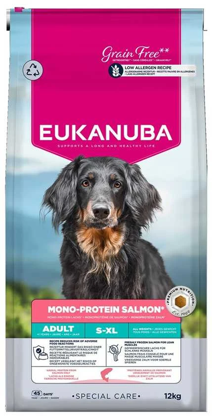 Šunų maistas - EUKANUBA Special Care Mono-Protein Suaugusiųjų Lašiša (12kg, be glitimo, be sojos, 24% baltymų, 12% riebalų)