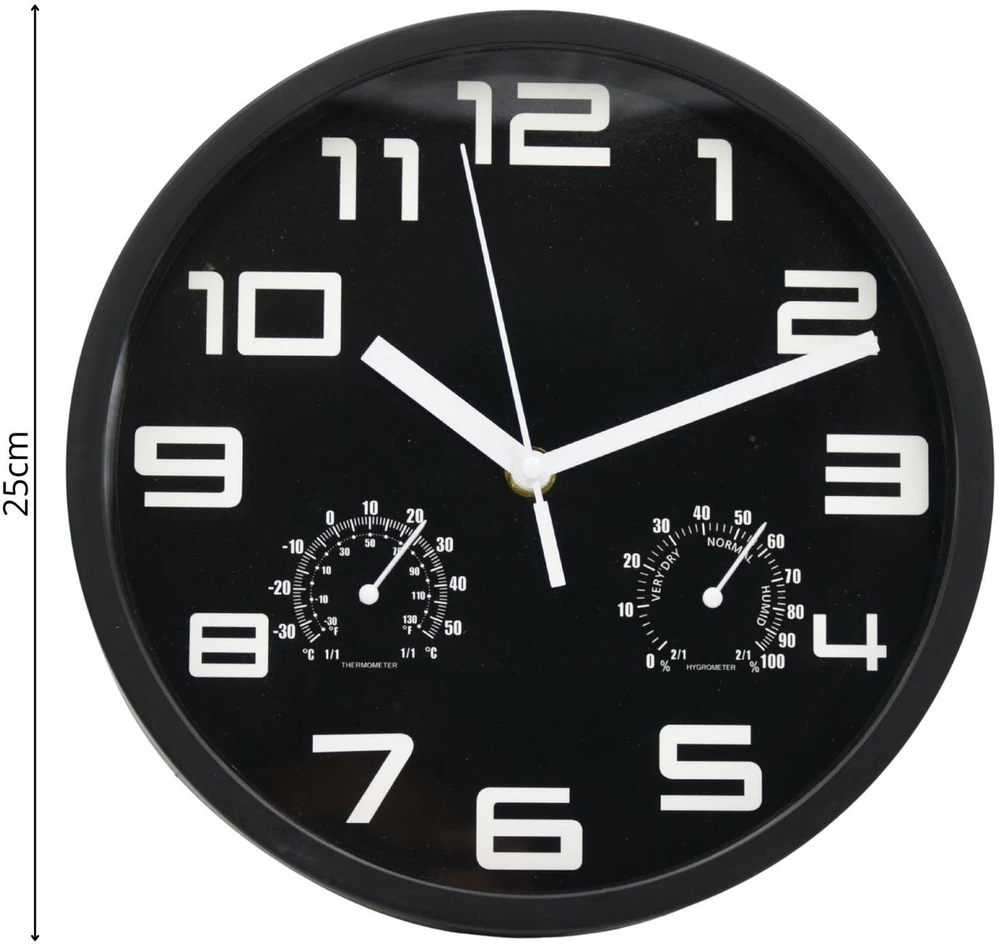 Excellent Houseware 25 cm sieninis laikrodis su termometru, juodas