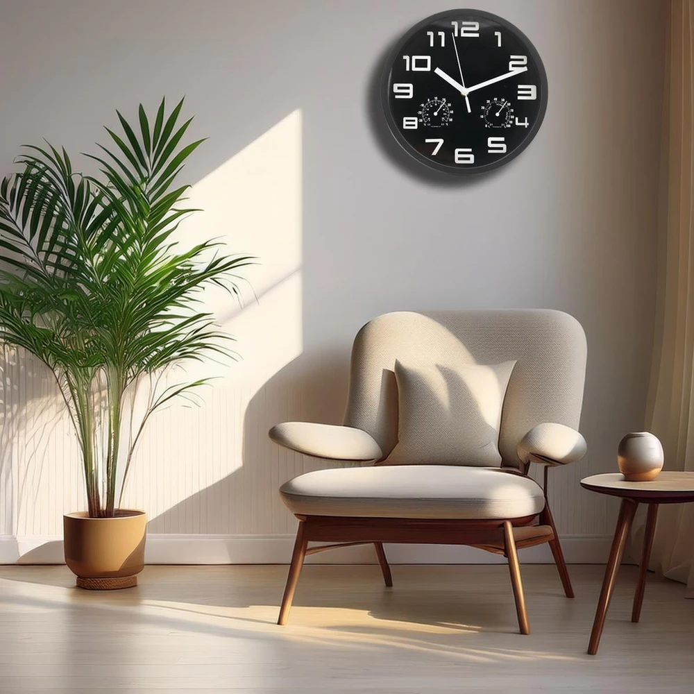 Excellent Houseware 25 cm sieninis laikrodis su termometru, juodas