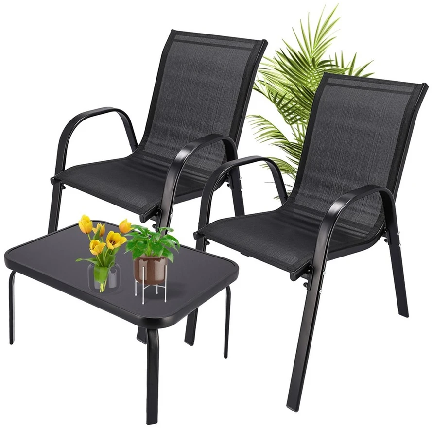 Extralink Juodas Forest Garden Furniture Set, Textilene Two Chairs + Juodas Table lauko baldų komplektas Juoda