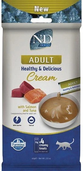 FARMINA N&D Ocean Cat Kreminis with lašiša & Tuna adult box – skanėstas suaugusiai katei – 4x15g