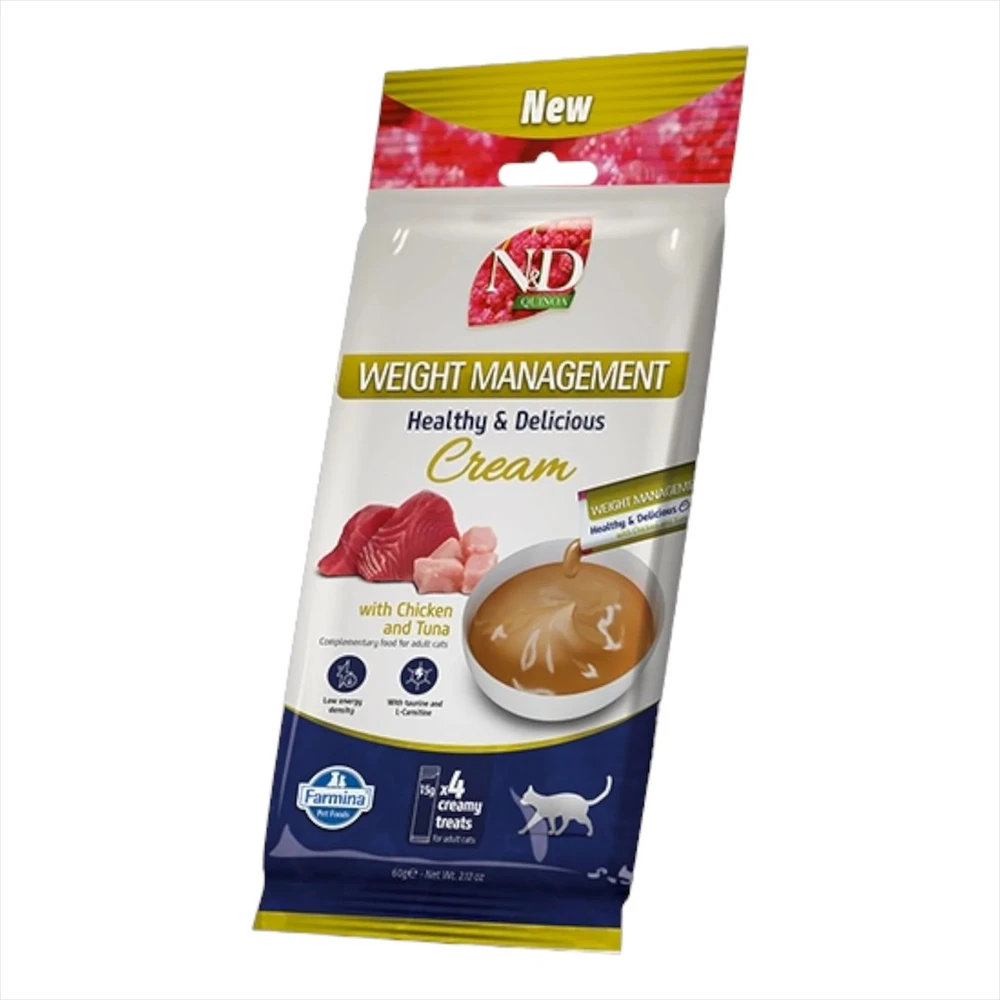 FARMINA N&D Quinoa Cat Weight Management Kreminis with vištiena & Tuna box – skanėstas katei – 4x15g