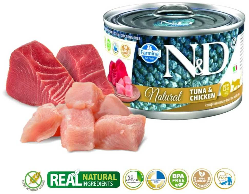 Drėgnas Kačių Maistas - Farmina N&D Natūralus Tunas ir Vištiena 140 g