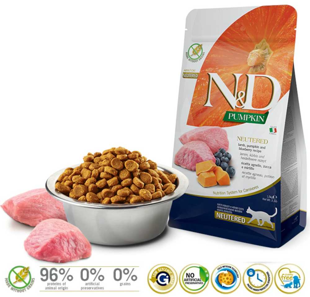 FARMINA N&D moliūgas kačių ėriena ir mėlynių kastruotas suaugusiems - sausas kačių maistas - 1,5kg