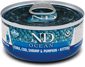 Kačių Maistas - FARMINA N&D Ocean Kačiukams Tunų, Menkių, Krevečių ir Moliūgų 70g