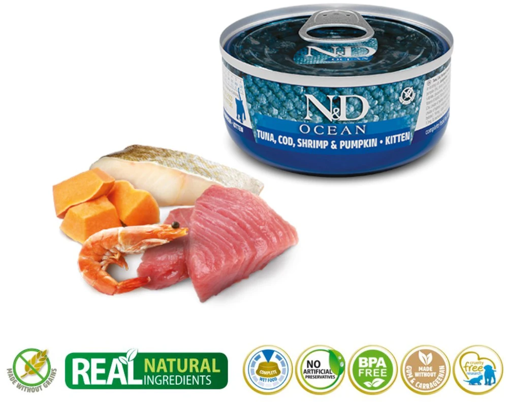 Kačių Maistas - FARMINA N&D Ocean Kačiukams Tunų, Menkių, Krevečių ir Moliūgų 70g