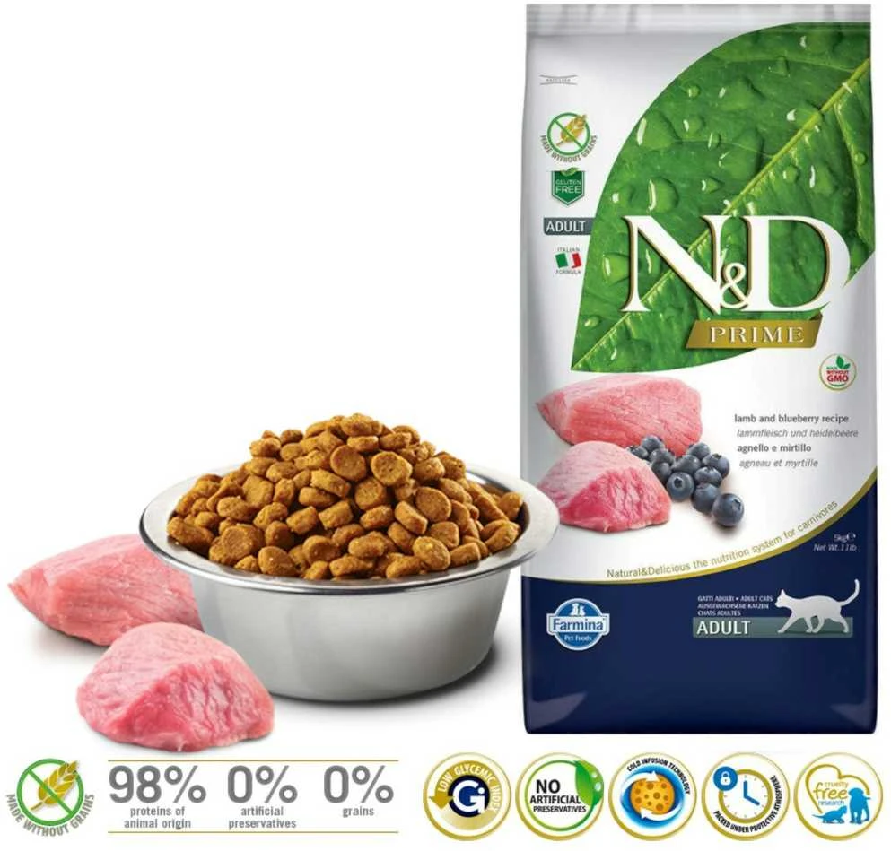 Katės Maistas - Farmina N&D Prime Aviena Ir Mėlynės Suaugusiems 42% Baltymų Be Grūdų 5 Kg