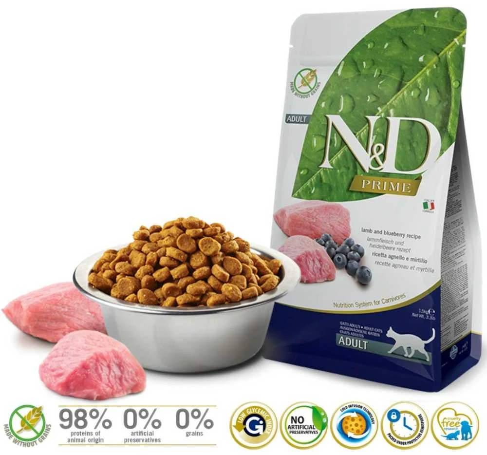 Sausas Kačių Maistas - FARMINA N&D Prime Ėriena Ir Mėlynės 1,5kg