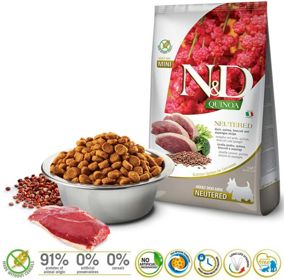 Sausas Šunų Maistas - Farmina N&D Quinoa Ančių, Brokolių Ir Asparagų Mišinys, Neutered Adult Mini - 2.5kg
