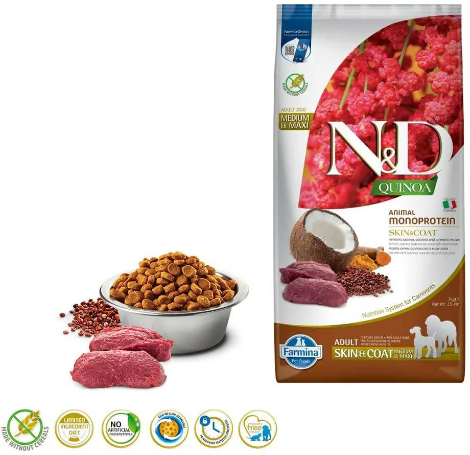 Sausas Šunų Maistas - Farmina N&D Quinoa Elnias & Kokosų 7kg Suaugusiems Vidutinio & Didelio Dydžio