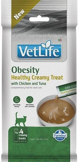 FARMINA Vet Life Cat Obesity kreminis skanėstas su vištiena ir tunu dėžutėje – skanėstas katei – 4x15g