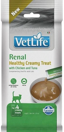 FARMINA Vet Life kreminis kačių skanėstas inkstų ligoms su vištiena ir tunu dėžutėje – skanėstas katei – 4x15g