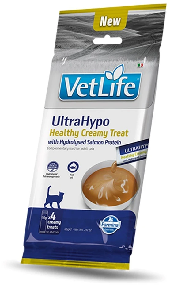 FARMINA Vet Life Cat Ultrahypo kreminis skanėstas su lašiša dėžutėje mono – skanėstas katei – 4x15g