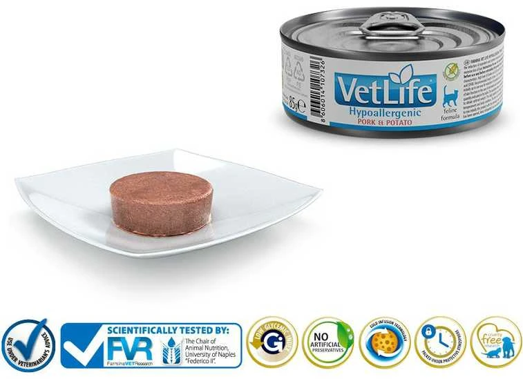 Drėgnas Kačių Maistas - Farmina Vet Life Hipoalerginis Kiaulienos Ir Bulvių 85 G
