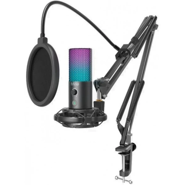Fifine Technology Komplektas: Kondensatorinis Mikrofonas FIFINE T669 PRO RGB + LAIKIKLIS + POP FILTRAS
