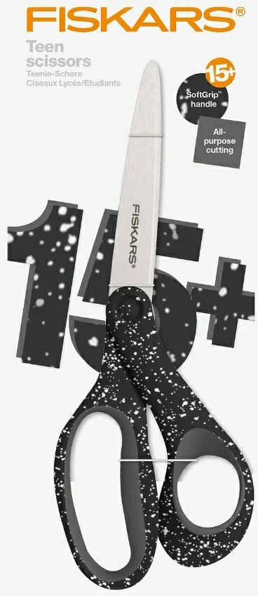 FISKARS ŽIRKLĖS PAAUGLIAMS 20cm JUODOS SU BALTAIS TAŠKELIAIS