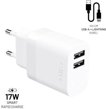 Fixed Fiksuotas USB 17W + kabelis USB/Lightning, baltas