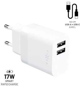 Fixed Fiksuotas | Dvigubas USB kelioninis įkroviklis 17 W ir USB/USB-C laidas | FIXC17N-2UC-WH