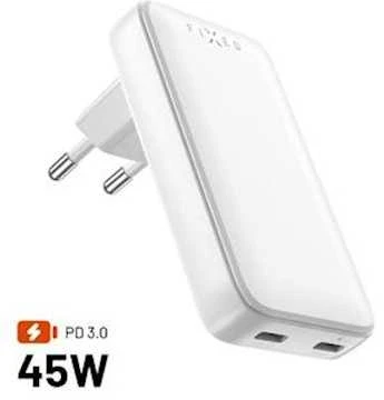 FIXED Slim 2xUSB-C laidinis įkroviklis GaN, PD, 45W, baltos spalvos