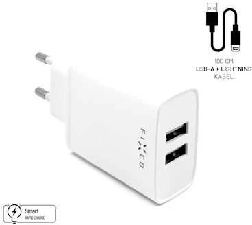 FIXED USB įkroviklis 15W+ USB/Lightning kabelis, baltos spalvos