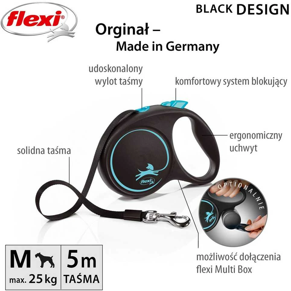 Trixie Flexi Juodas Design M pavadėlis šunims iki 25kg juostinis 5m mėlynos spalvos