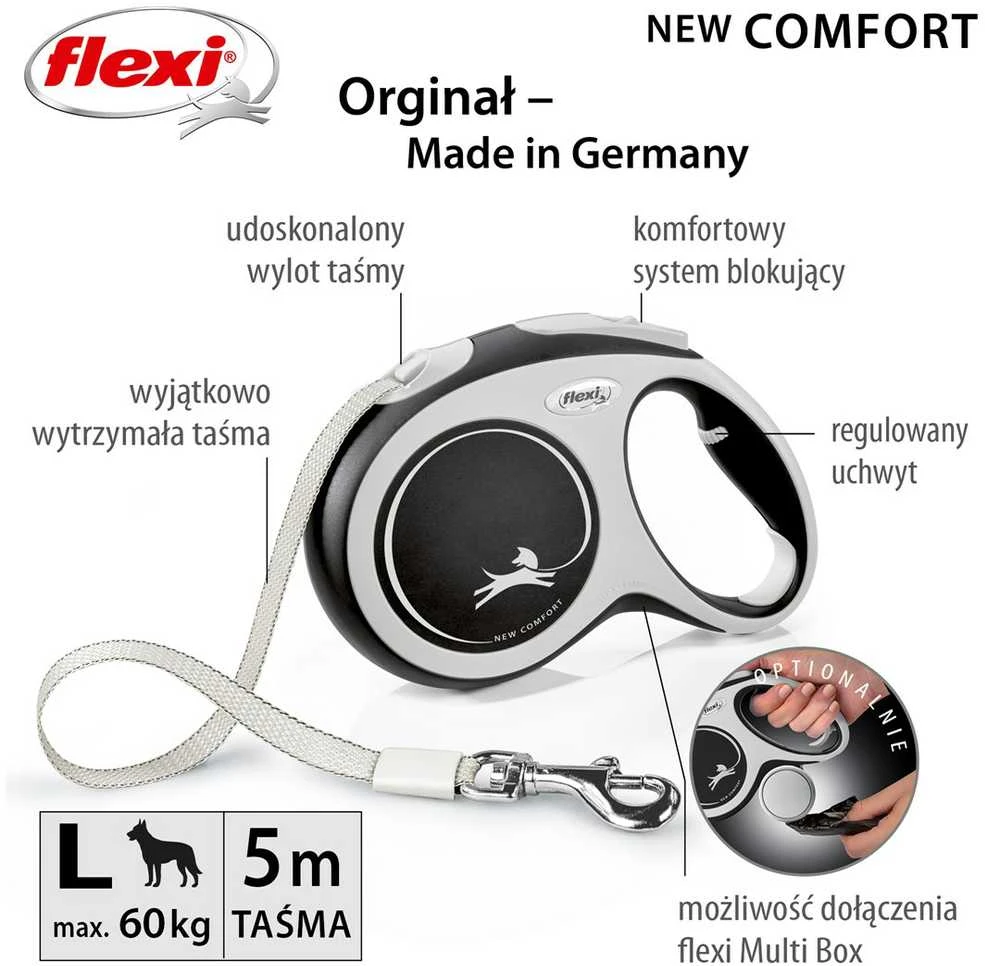 Flexi New Comfort Automatinis juostinis pavadėlis, 8 m / šunims iki 50kg / spalva: juoda ir balta