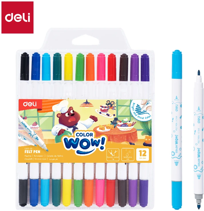 Flomasteriai DELI ColorWow, dvipusiai, 12 spalvų