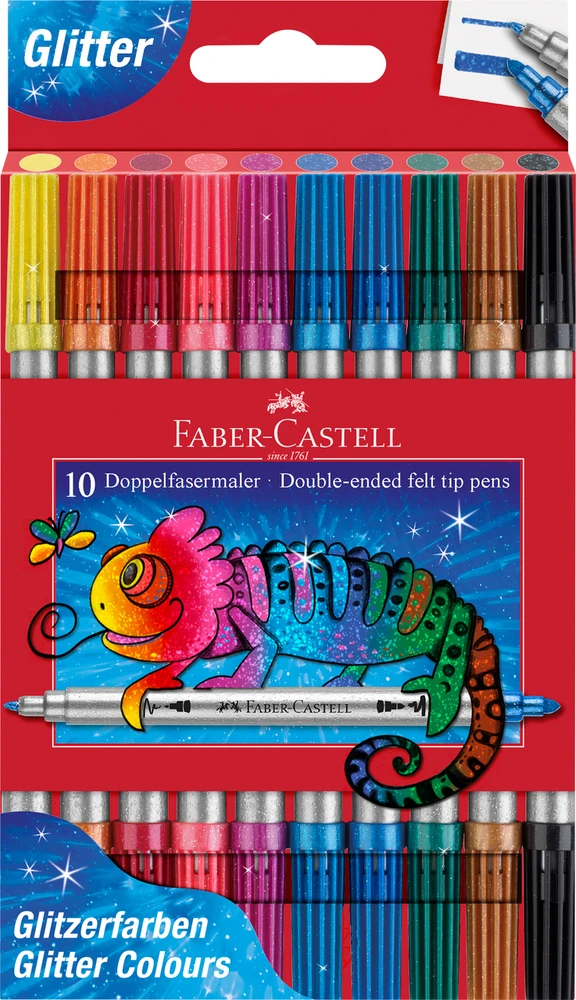 Flomasteriai Faber-Castell, 10 spalvų, dvipusiai, su blizgučiais