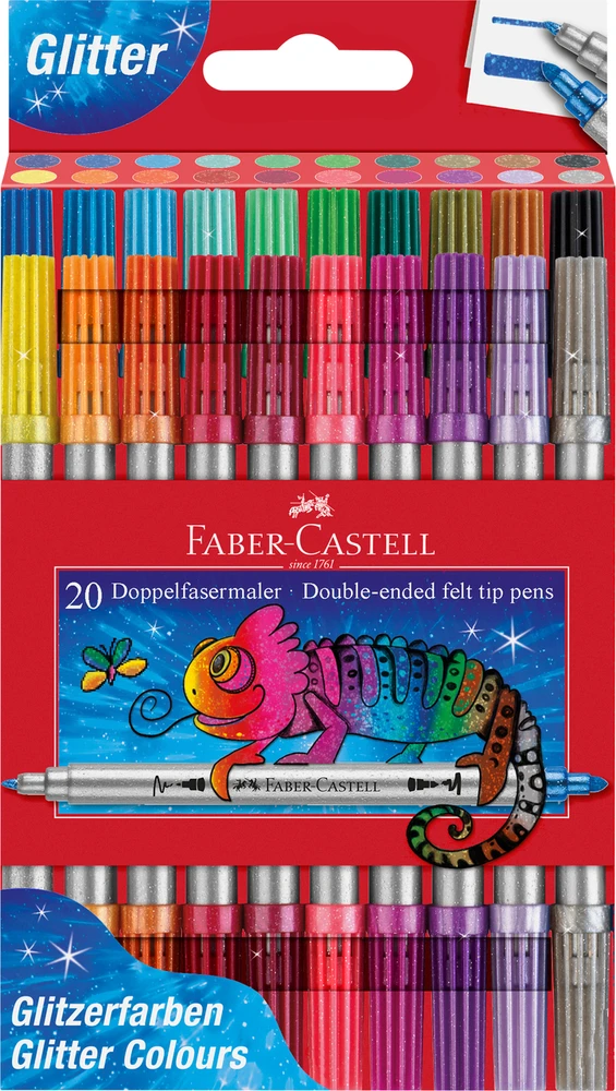 Flomasteriai Faber-Castell, 20 spalvų, dvipusiai, blizgučiai