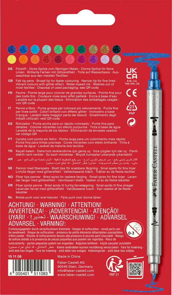 Flomasteriai Faber-Castell, 20 spalvų, dvipusiai, blizgučiai