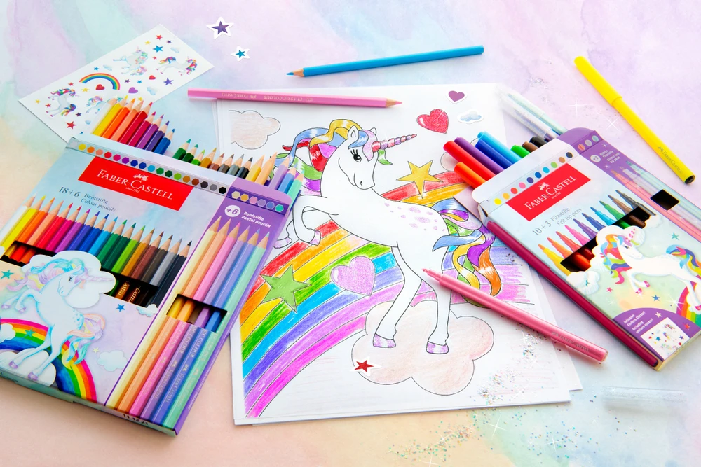 Flomasteriai Faber-Castell Unicorn, 10+3 spalvų + lipdukai