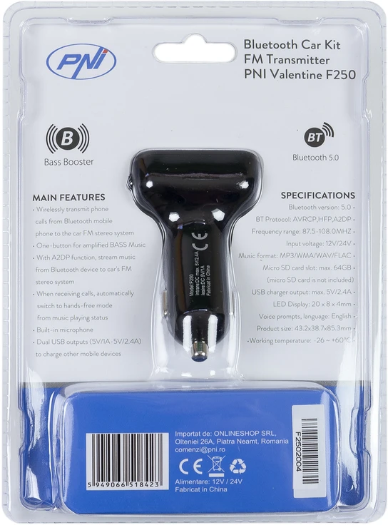 FM moduliatorius PNI Valentine F250 Bluetooth 5.0, MP3 grotuvas, FM siųstuvas, micro SD lizdas, dviguba USB jungtis, greitas mobiliojo įrenginio įkrovimas, „super bass“ mygtukas