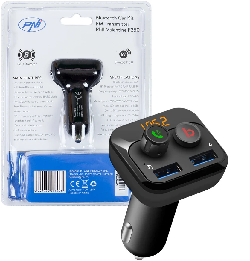 FM moduliatorius PNI Valentine F250 Bluetooth 5.0, MP3 grotuvas, FM siųstuvas, micro SD lizdas, dviguba USB jungtis, greitas mobiliojo įrenginio įkrovimas, „super bass“ mygtukas
