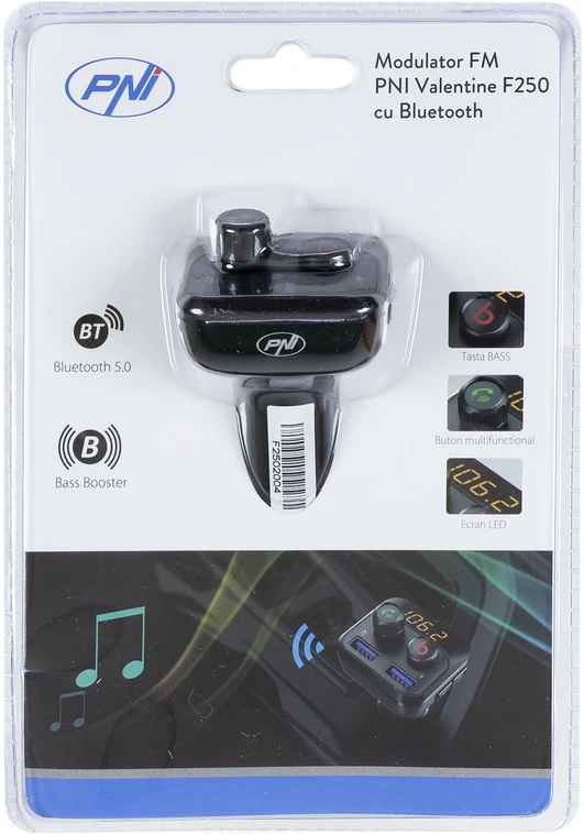 FM moduliatorius PNI Valentine F250 Bluetooth 5.0, MP3 grotuvas, FM siųstuvas, micro SD lizdas, dviguba USB jungtis, greitas mobiliojo įrenginio įkrovimas, „super bass“ mygtukas